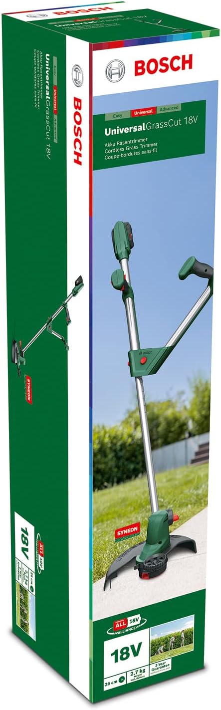 Bosch Akku Rasentrimmer UniversalGrassCut 18V-260 (1x Akku 2,0 Ah, 18 Volt System, Schnittkreisdurchmesser: 26 cm, verstellbare Handgriffe, im Karton)