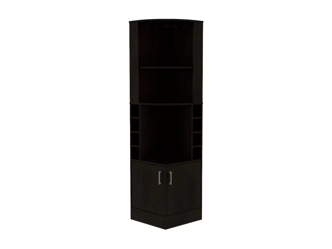 Meuble bar d'angle en mélamine Syrah avec quatre étagères, huit casiers à bouteilles et porte-verre , Noir 180.6 X 46,9 X 46.9 cm