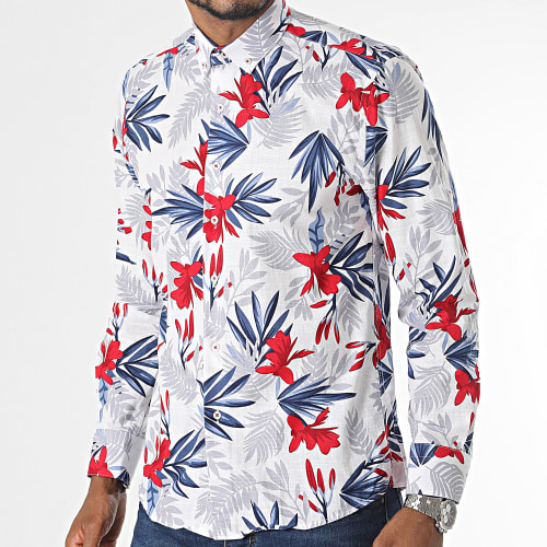 Chemise Manches Longues Blanc Bleu Rouge Floral