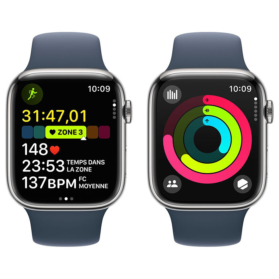 Apple Watch Series 9 GPS + Cellular - Acier Inoxydable Argent - Bracelet Sport Band Bleu - 45 mm - Taille S/M