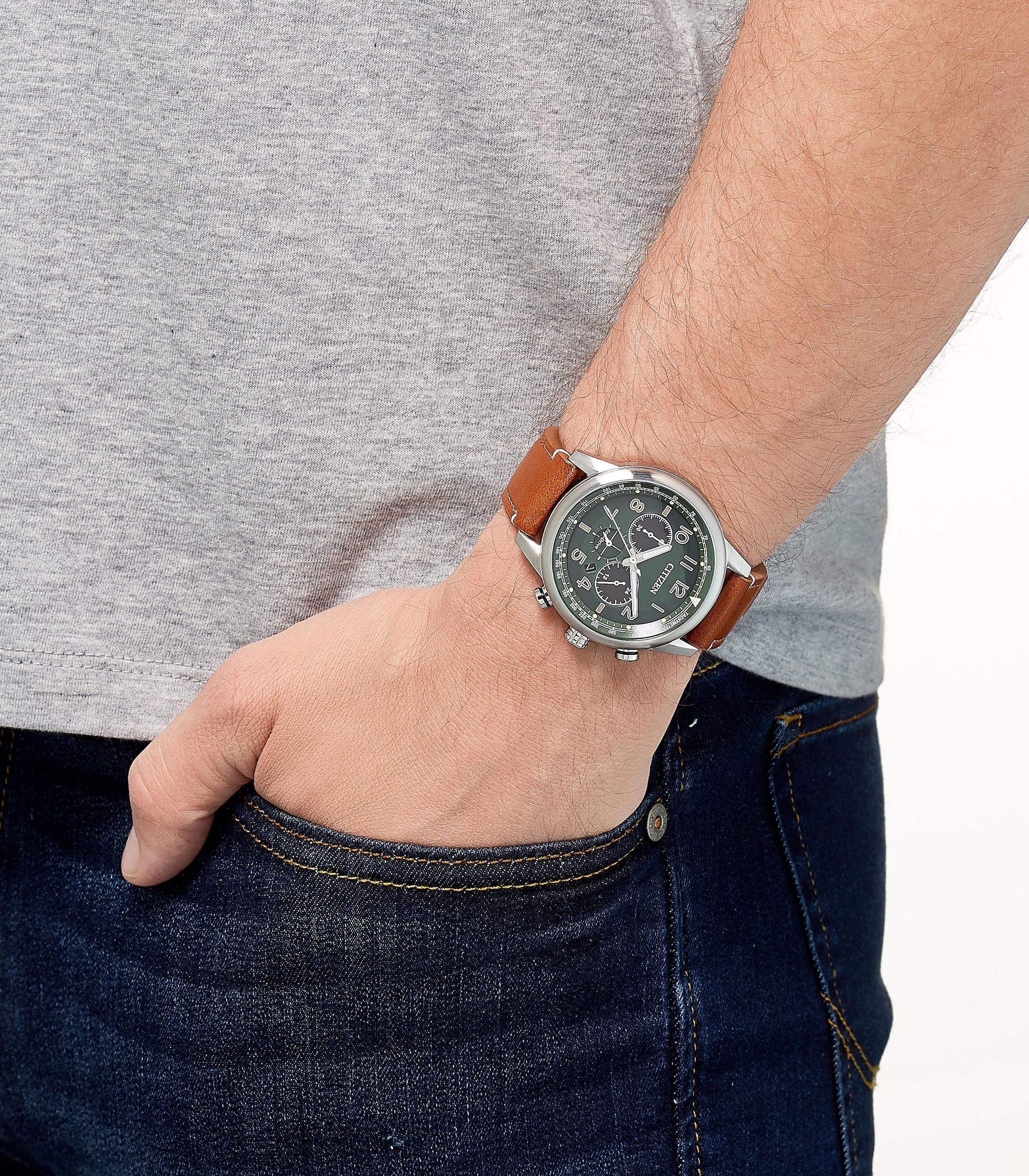 Citizen Chronograph Armbanduhr, Herrenuhr, Solar, Datum, Stoppfunktion, Lederarmband