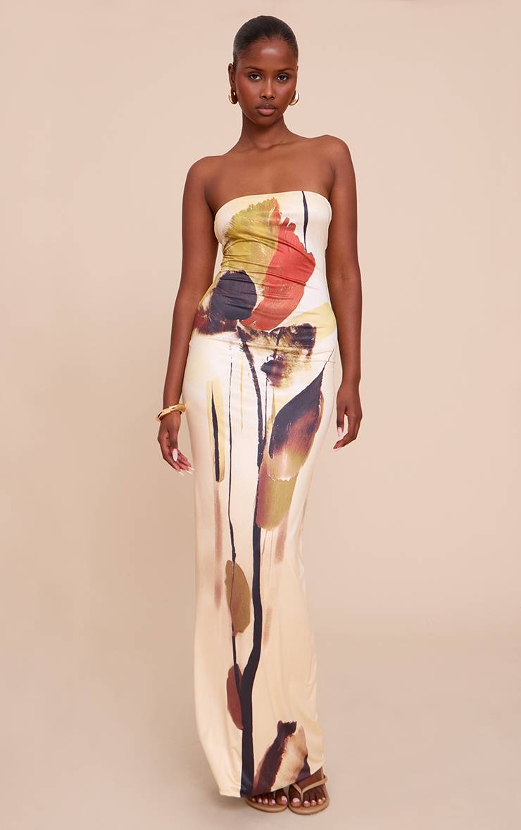 Crème Robe Maxi À Bandeau Imprimée