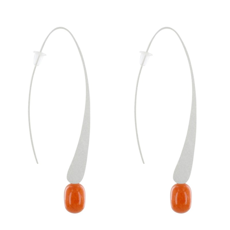 Boucles d'Oreilles Crochet Plat Métal Argenté et Perles Céramique