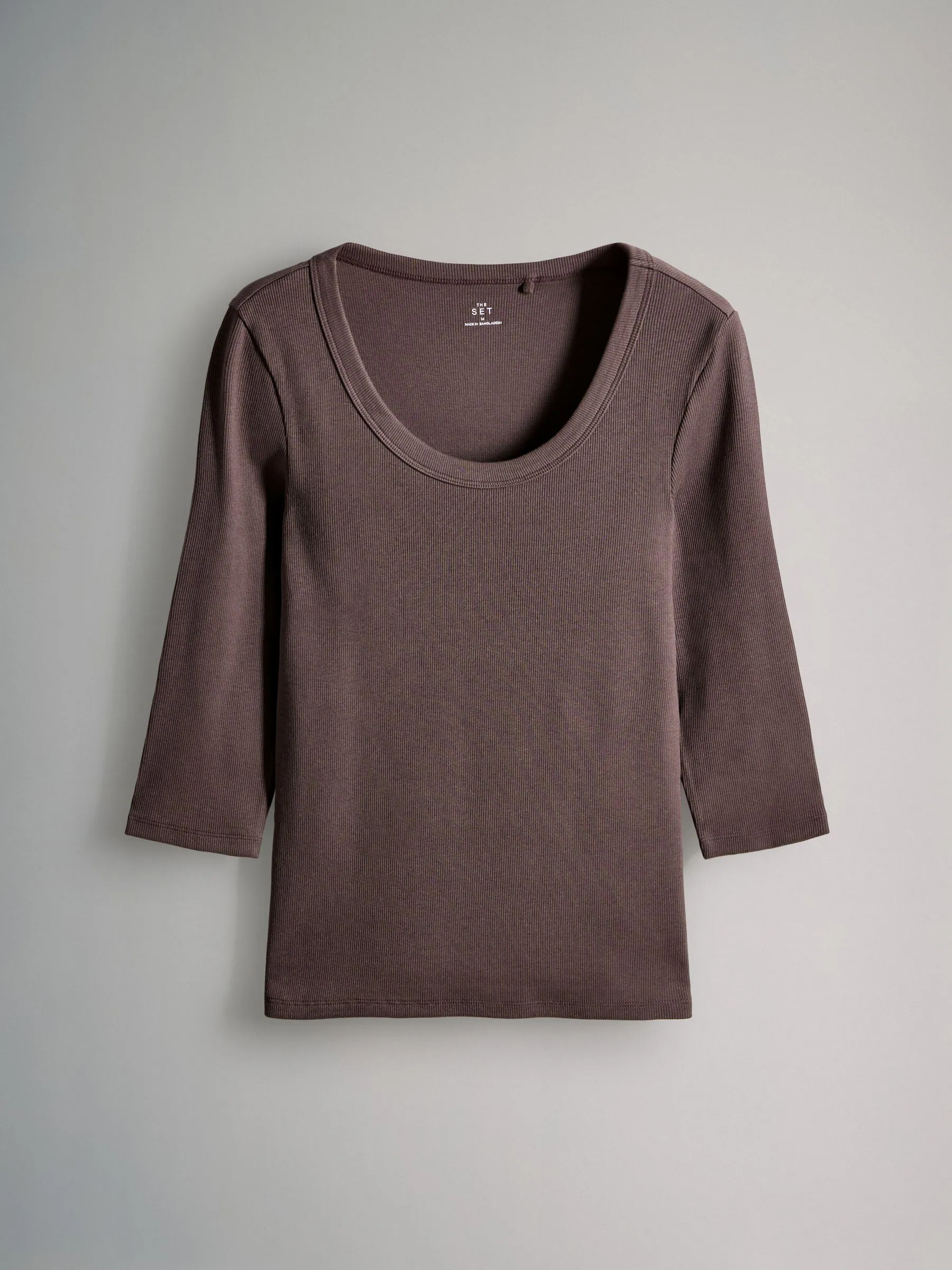 Brown/Purple/Pink/White - The Set 4 Pack Scoop Neck 3/4 Sleeve Ribbed T-Shirts