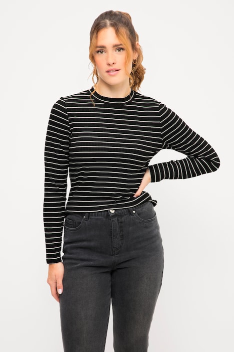Rippshirt, Slim Fit, Ringel, Stehkragen, Langarm