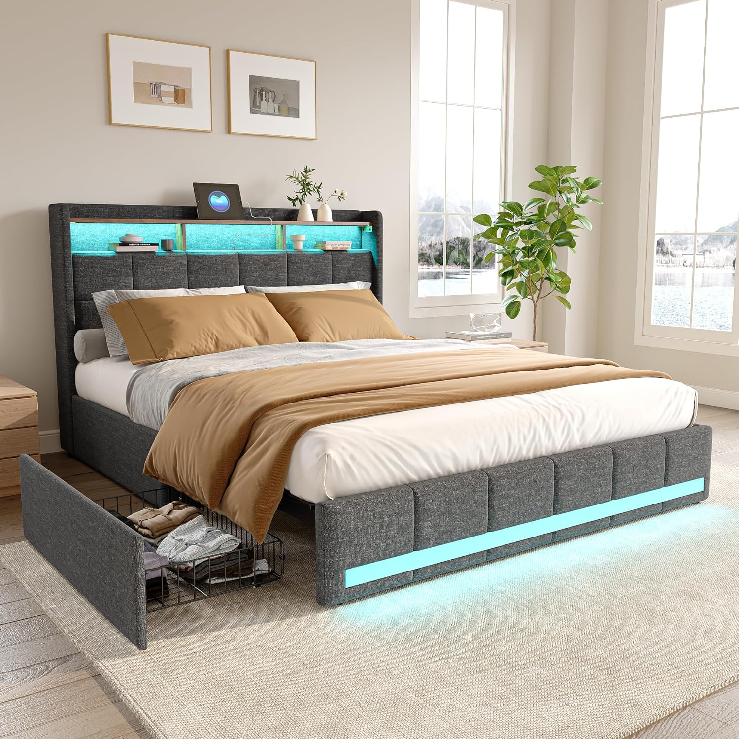 Doppelbett, gepolstert, 140 x 200 cm, Polsterbett mit 4 Schubladen, Boxbett mit Stauraum und Lattenrost, Kopfteil mit LED und USB, Bettgestell für Erwachsene, Jugendliche, Leinen (Grau, 140 x 200 cm)