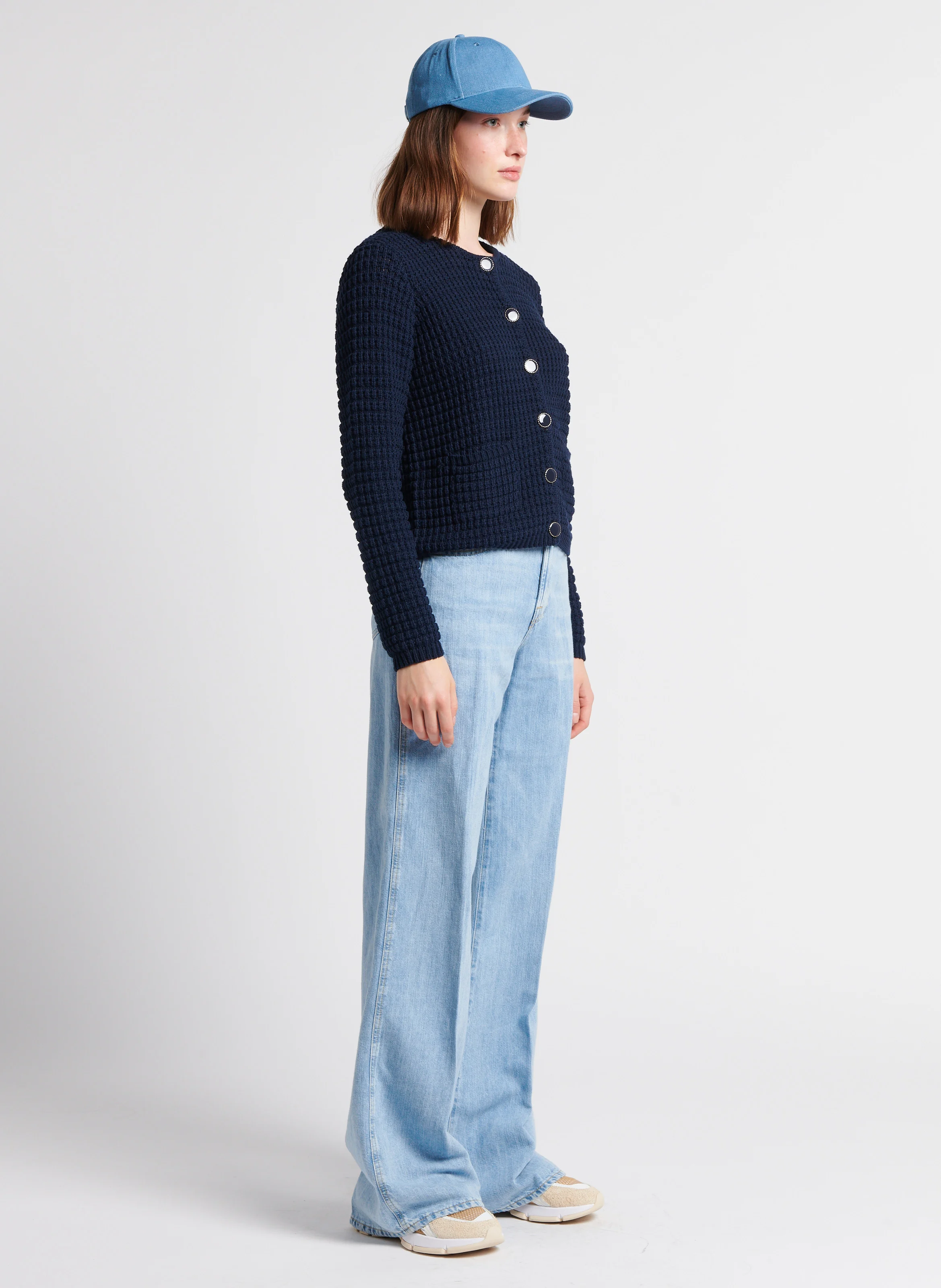 GILARY - Gilet droit à boutons bijoux en coton mélangé | Bleu