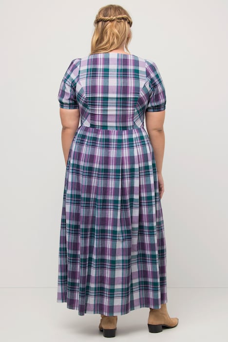 Midikleid, Karo, Leinenmix, Rundhals, Puff-Halbarm