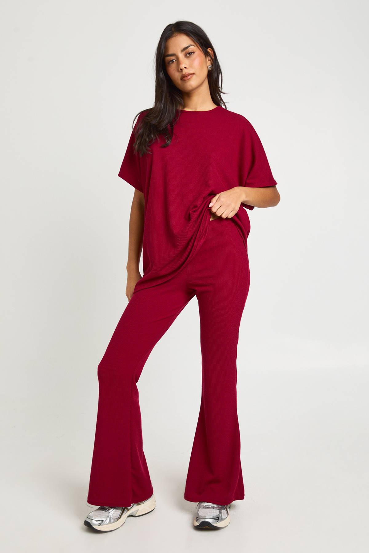 boohoo Legging côtelé bicolore évasé & haut coordonné