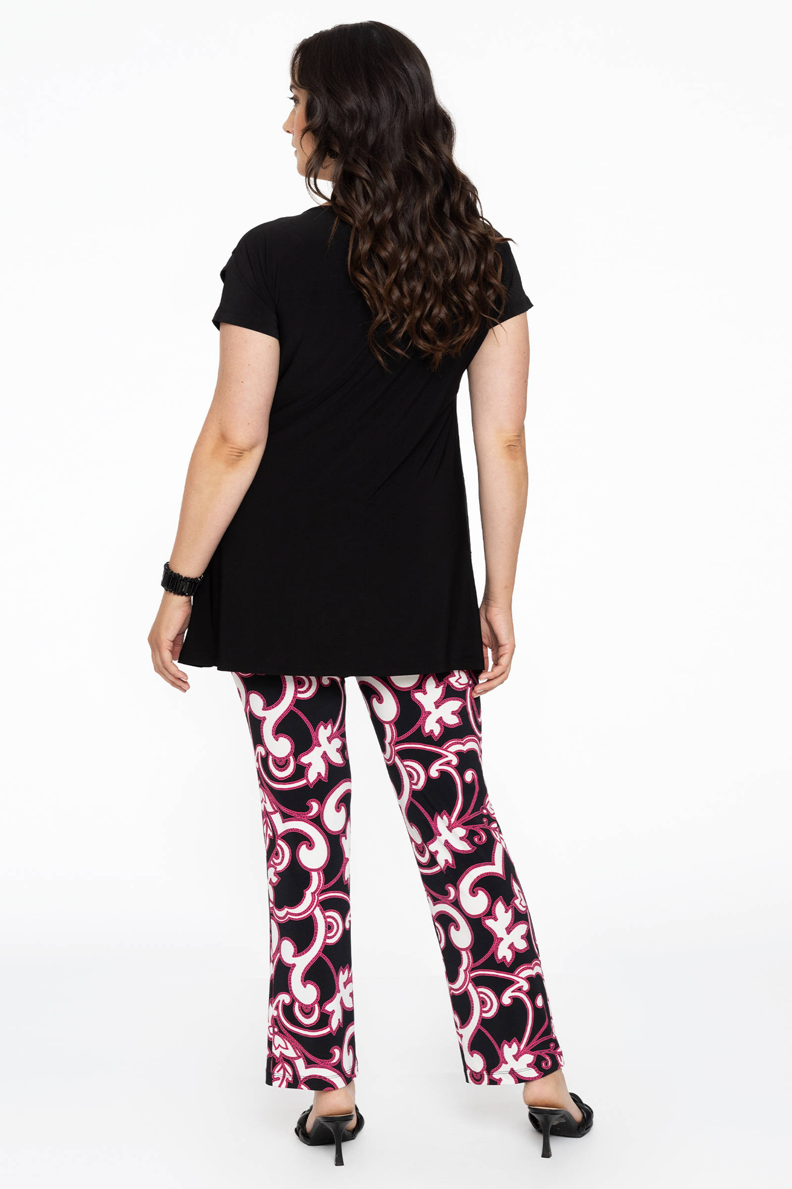 YOEK straight fit tregging DOLCE van travelstof met all over print zwart/roze