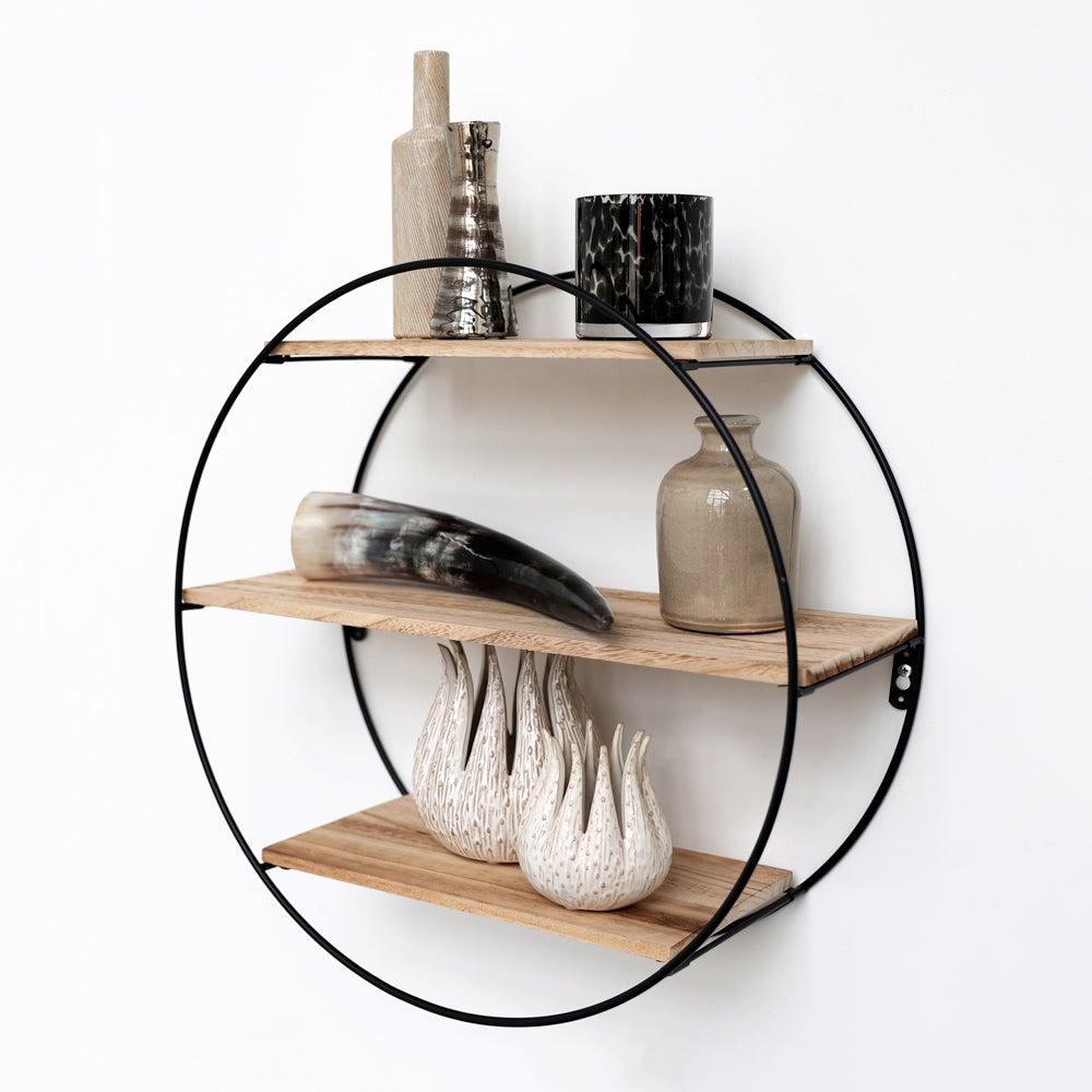 Zwarte metalen wandplank met 3 houten planken - Rond - 50x19 cm