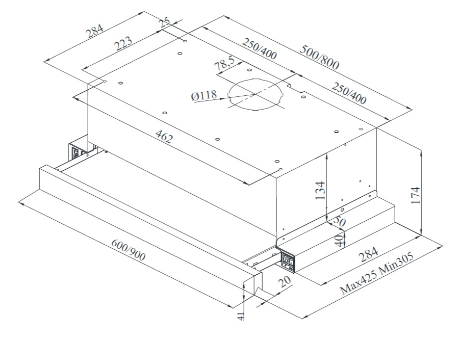EXAUSTOR GAVETA MEIRELES 161 X E 425M3/H 60CM INOX