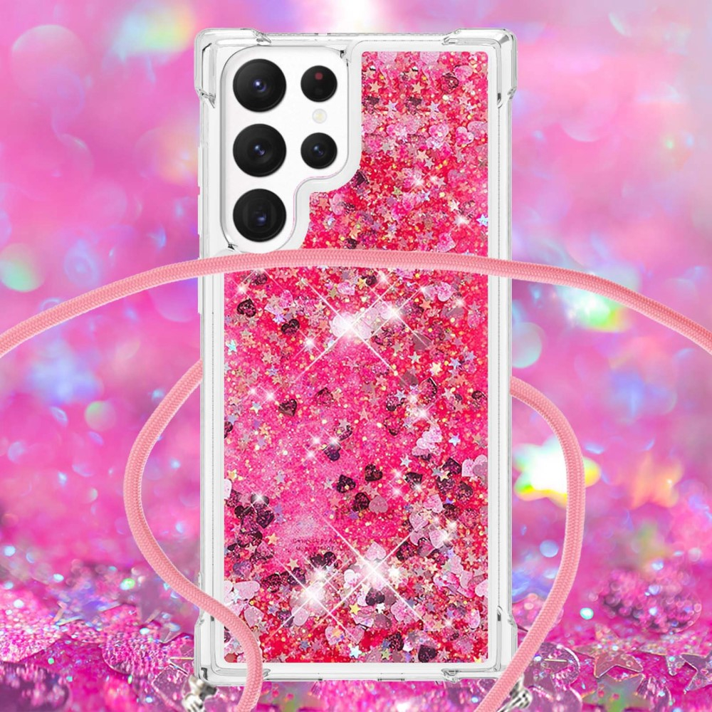 Samsung Galaxy S23 Ultra 5G Necklace Gummi Hülle Liquid Glitzer   Handykette (130cm) - Pink
