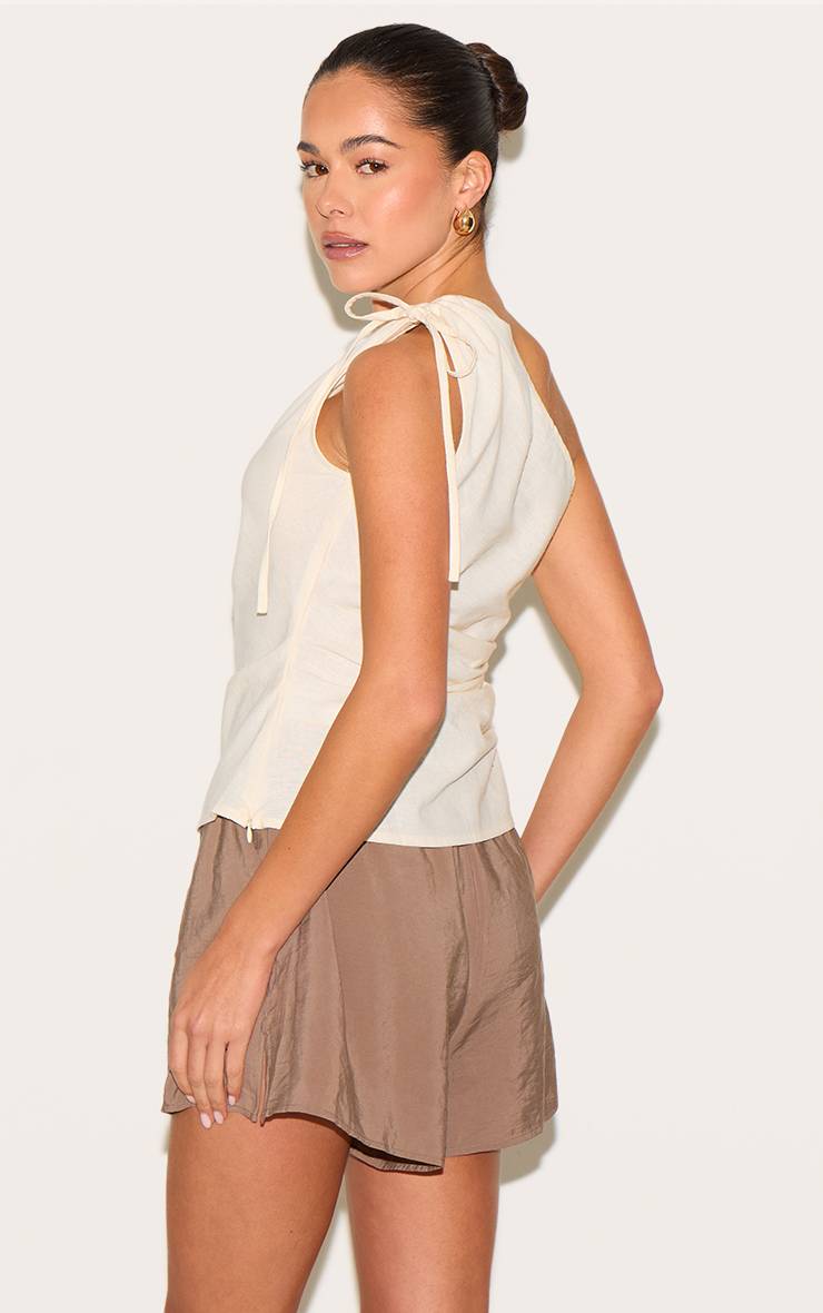 Beige Haut Long Asymétrique Froncé Imprimé En Tissu Léger
