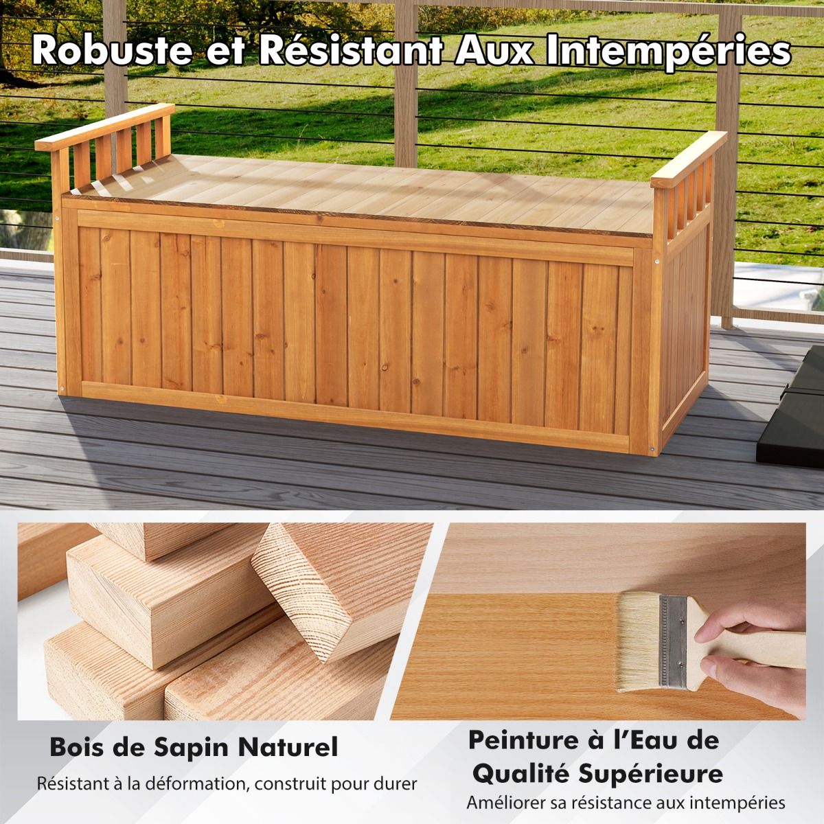 Banc de Rangement en Bois Banc d'Extérieur à 2 Places de 209 L avec Accoudoirs Coffre de Stockage en Bois Charge 100KG Naturel - Lidl-Manfred