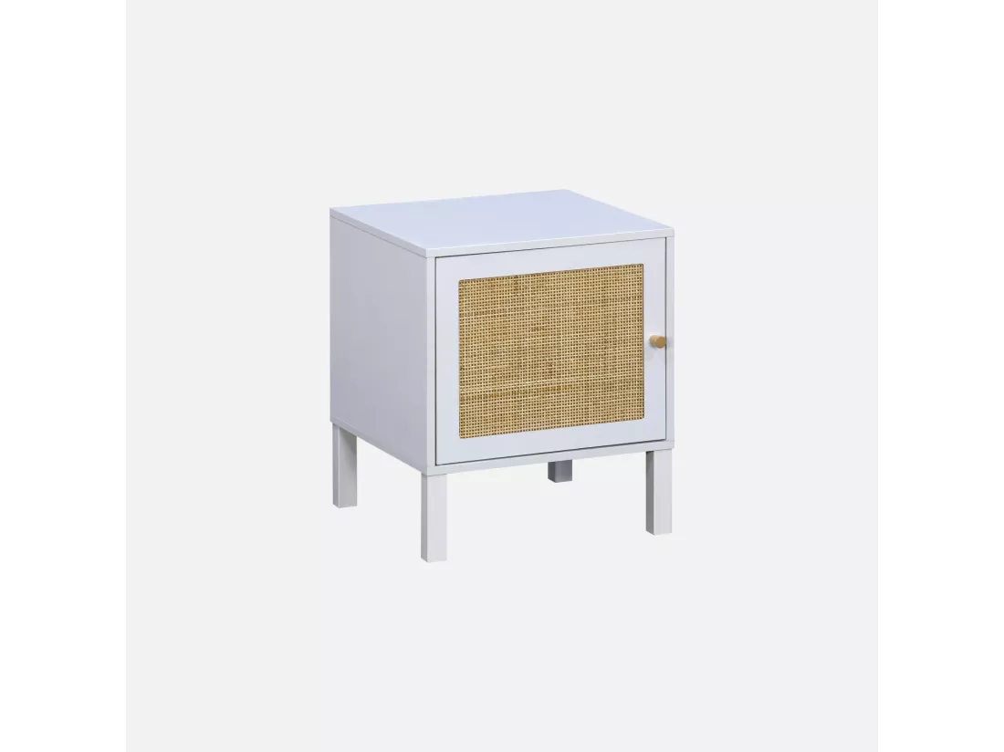 Table de chevet enfant effet bois blanc et cannage