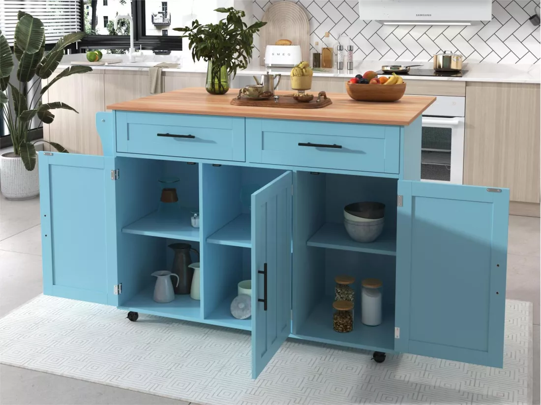 Ilot central de cuisine avec 2 tiroirs - Plateau extensible - pieds en roulettes ou en bois massif - Bleu Ciel