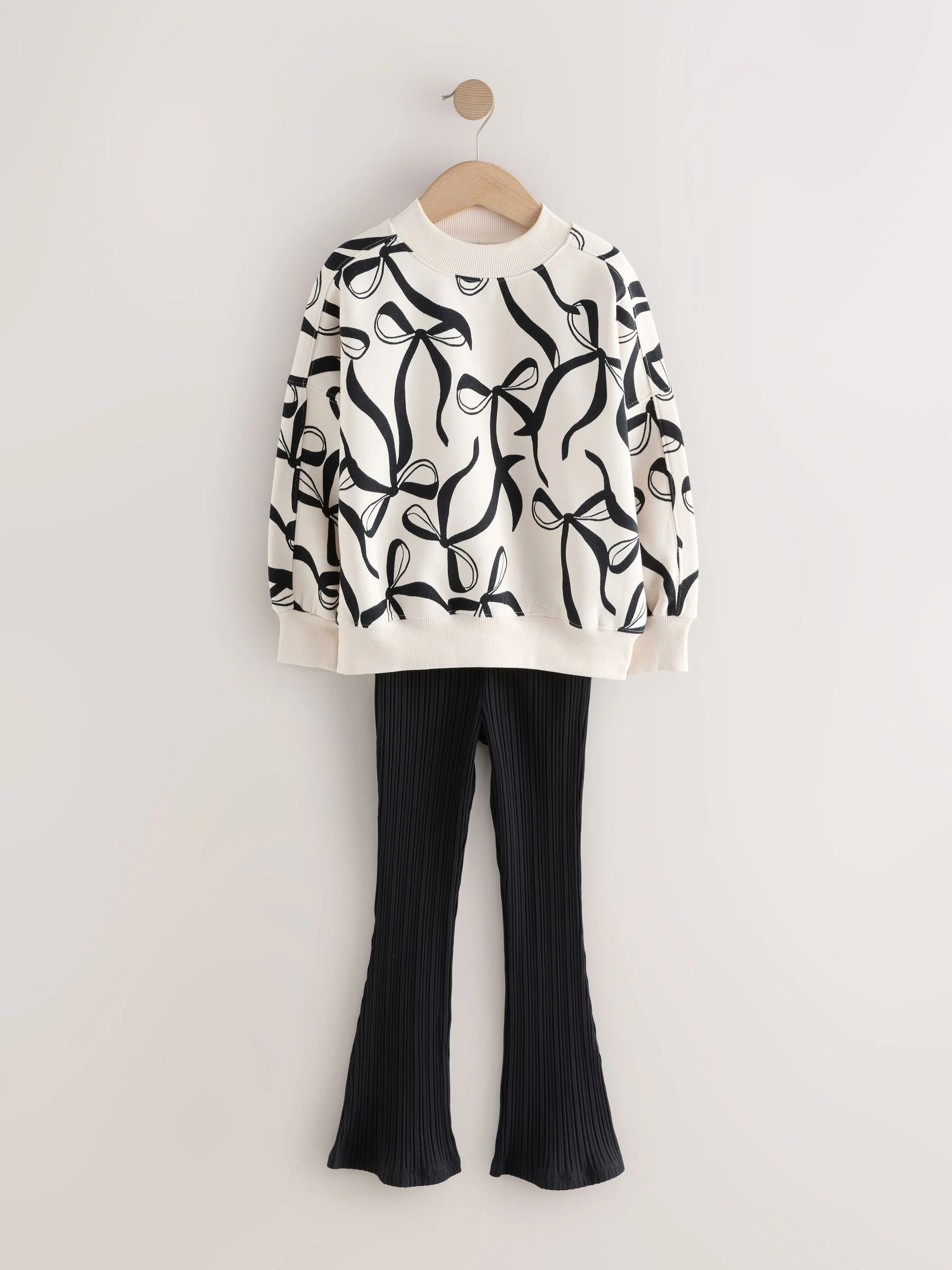 Crème strik/Zwart - Set van sweatshirt en geribbelde flared broek (3-16jr)