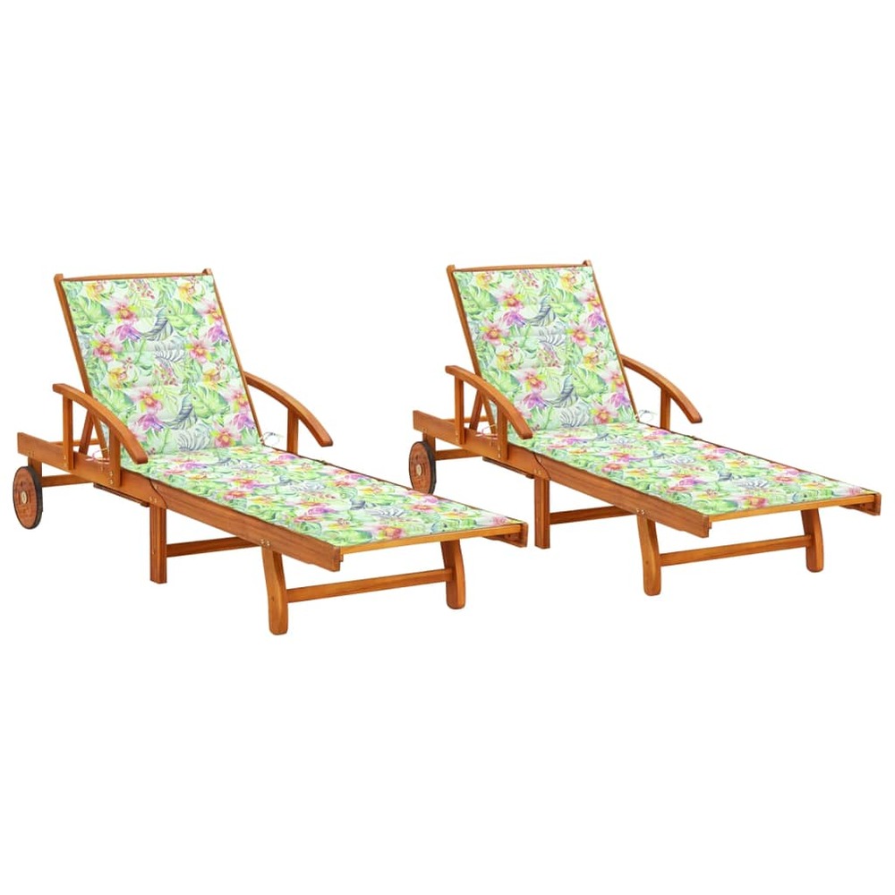 Lot de 2 transats chaise longue bain de soleil lit de jardin terrasse meuble d'extérieur avec coussins bois d'acacia solide 0