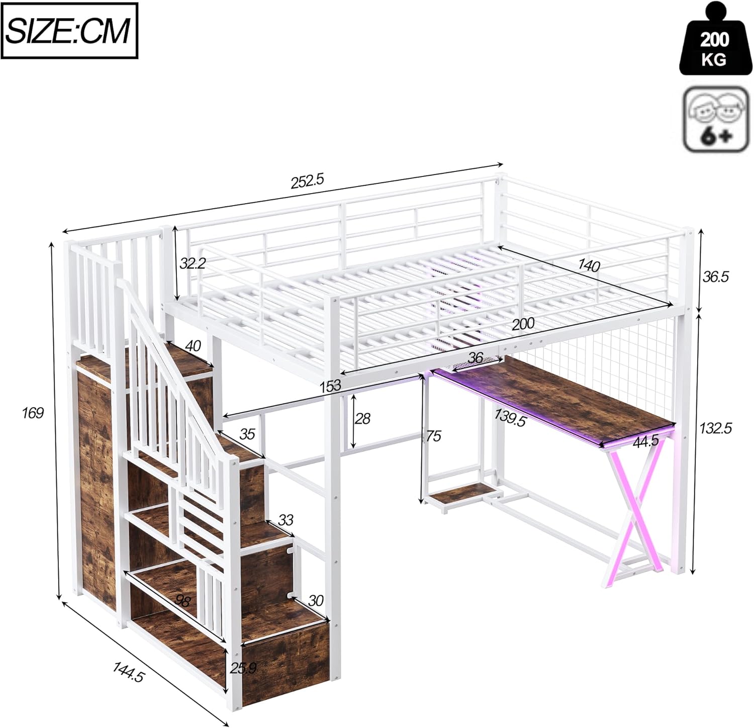 LED Hochbett 140x200 cm mit Schreibtisch, Bücherregal, Treppe und Kleiderschrank, Etagenbett mit Lattenrost, Funktionsbett Metallbett Spielbett Kinderhochbett Jugendhochbett, ohne Matratze, Weiß