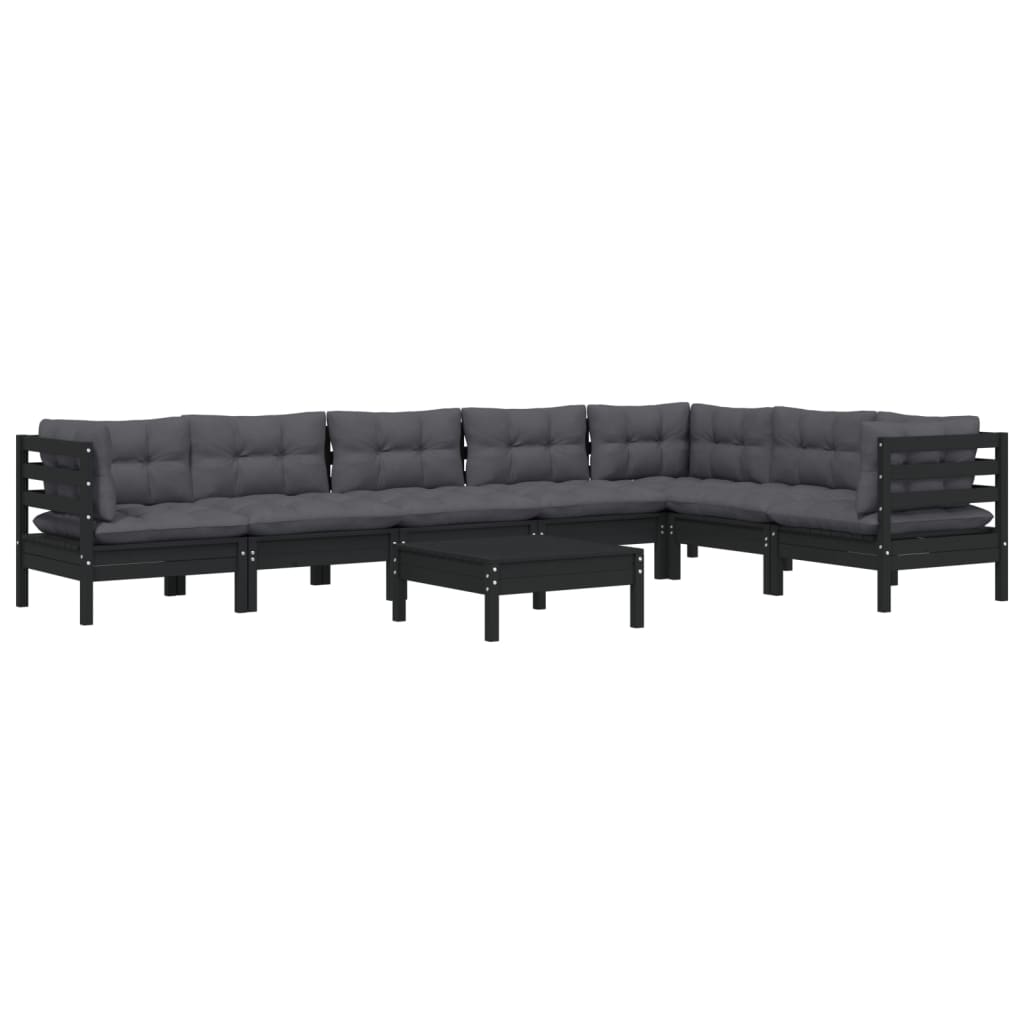 Salon de jardin meuble d'extérieur ensemble de mobilier 8 pièces avec coussins noir bois de pin solide