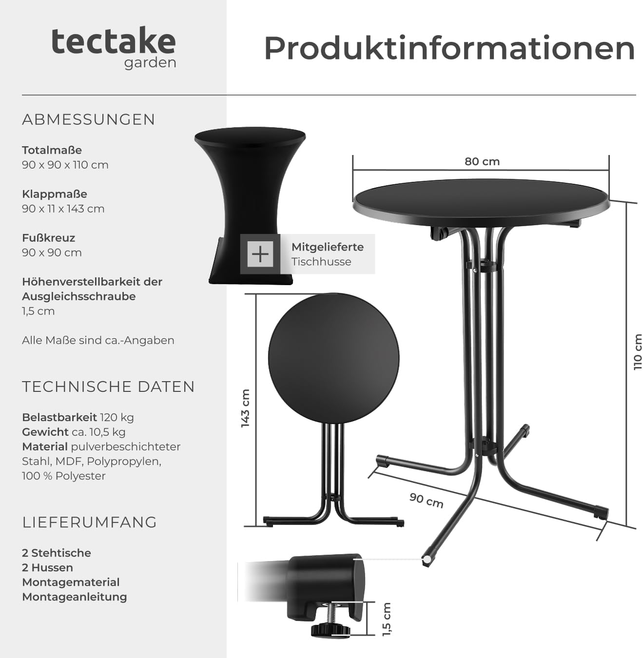 tectake® Gastro 2er Set Stehtisch klappbar, Bistrotisch mit Husse, Tisch Ø80cm, Stehtisch mit MDF-Tischplatte, Gartentisch klappbar, Klapptisch, rund, Stahlgestell, stabil, robust - schwarz, 2er Set