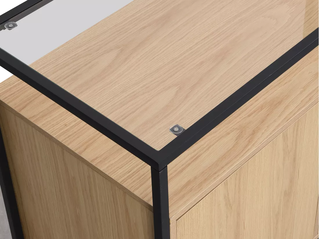 Buffet avec 3 portes en MDF, verre trempé et métal - Naturel clair - CAMATA