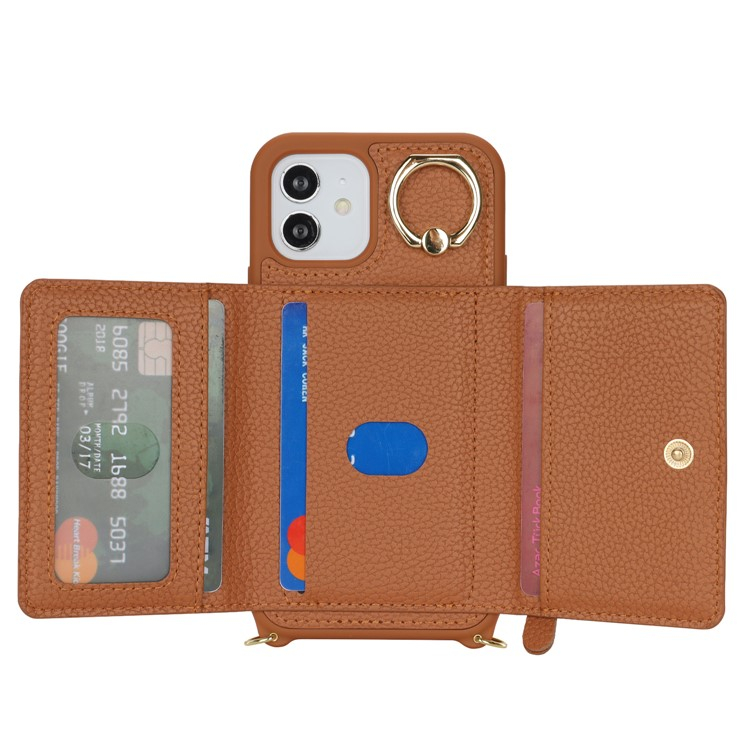 iPhone 12 / iPhone 12 Pro Necklace Leder Hülle mit Münzfach und Kartenfächer   Finger Griff Halterung   Handykette - Braun