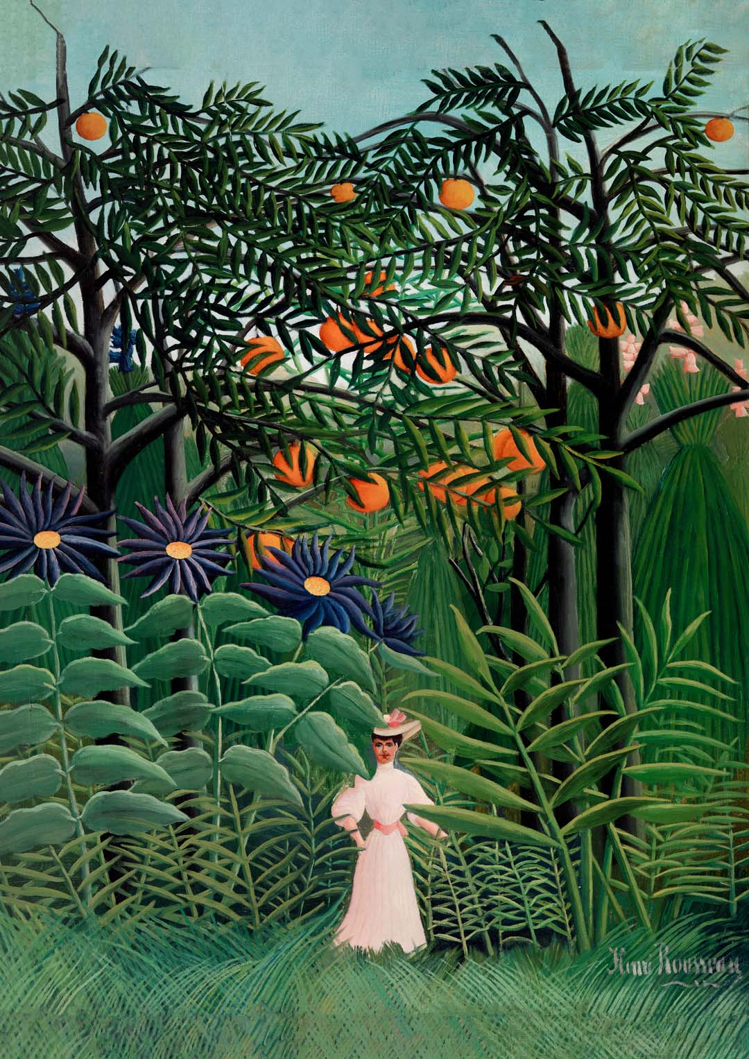 Frau, die in einem exotischen Wald von Rousseau Art Print spazieren geht