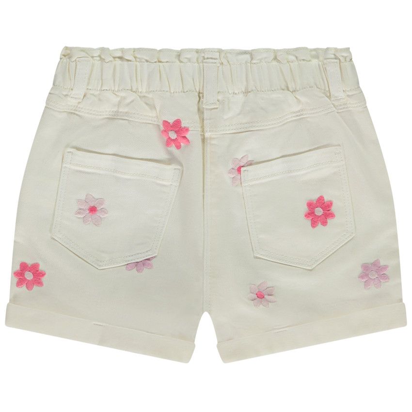 Short denim avec broderies marguerites pour fille - Ecru