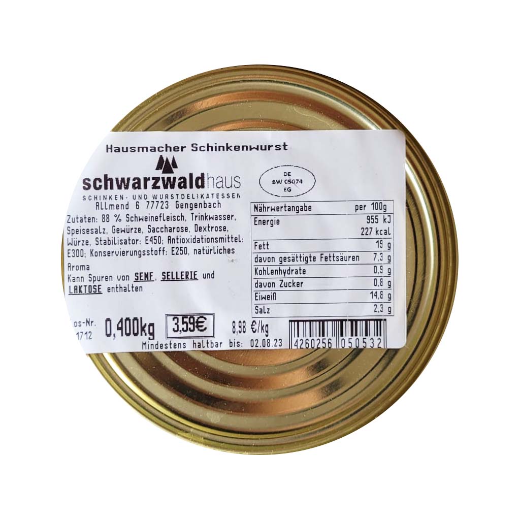 Schwarzwaldhaus Original Schinkenwurst 400g Goldglanzdose MHD:3.12.25