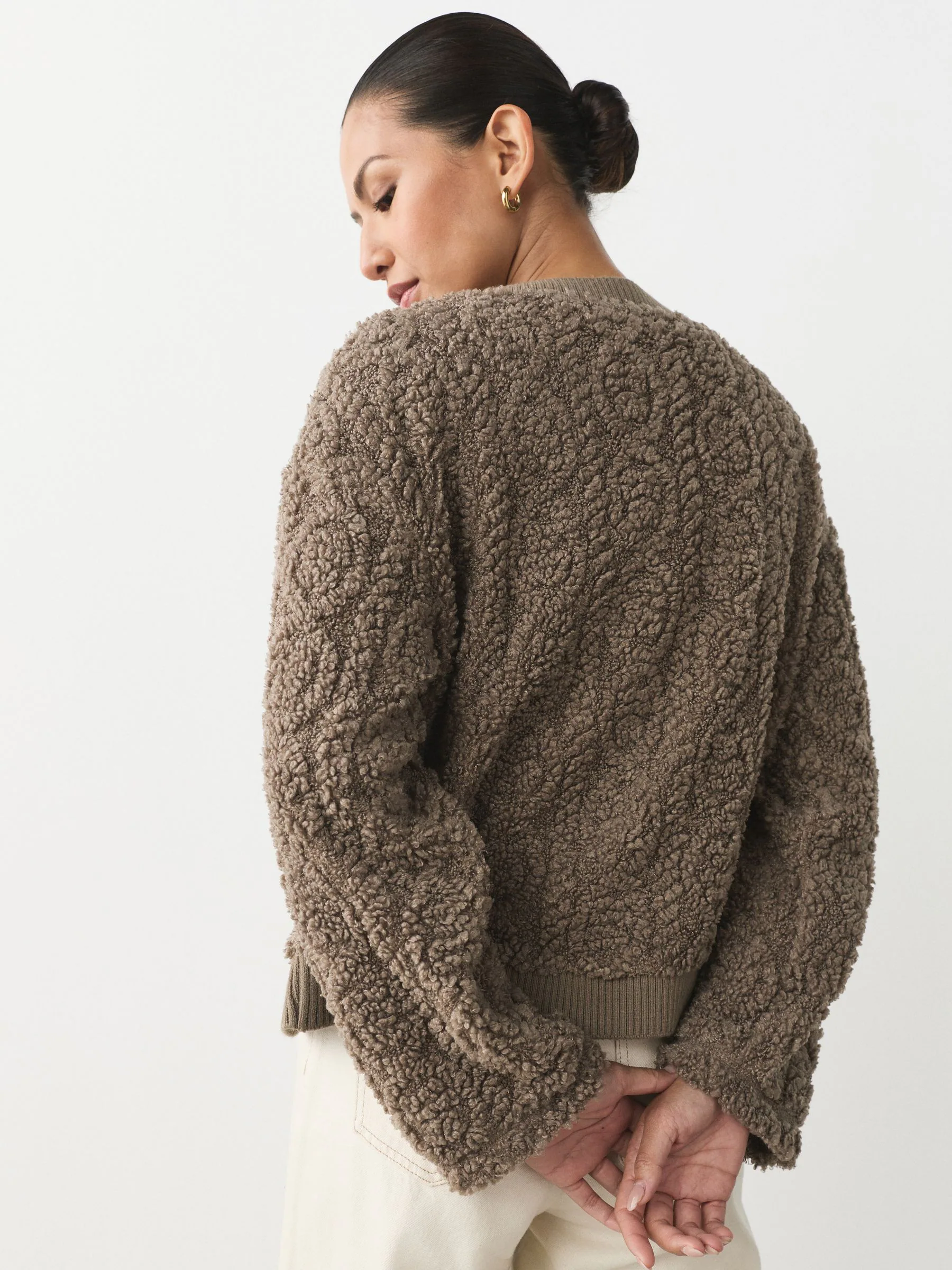 Chocolate Mocha Brown - Fluffy Borg Cable Button Through Cardigan Fleece