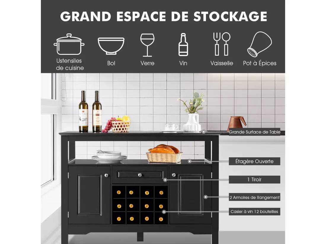 Buffet Cuisine avec Casier à Vin Amovible pour 12 Bouteilles, 2 Etagèress, 1 Tiroir, 2 Placards, Armoire de Cuisine Porte-Bouteille pour Salle à Manger, Salon, 117x40,5x82,5cm (Noir)