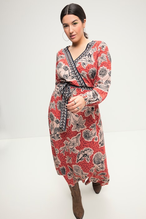 Maxikleid, A-Line, Flowerprint, V-Ausschnitt, Langarm