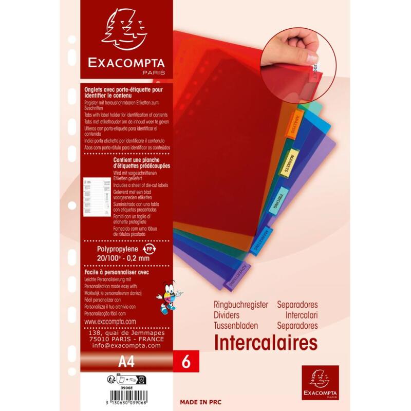 Intercalaires A4 PP transparent couleurs avec porte étiquette 6 positions