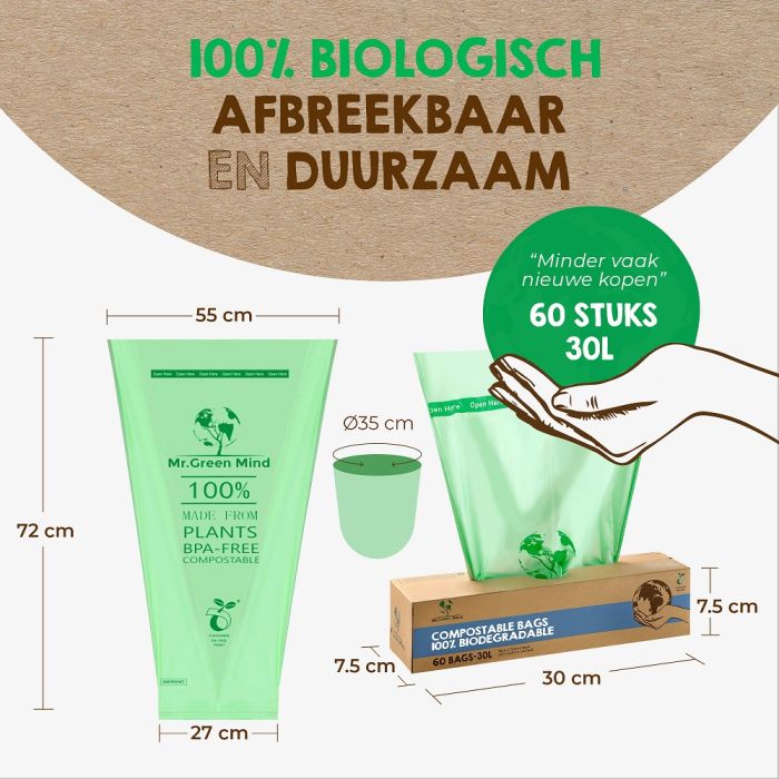 60st Afvalzak bio Mr. Green Mind 54x72cm 30 liter dispenser 60 stuks (8713631204106)