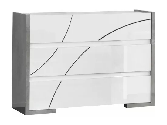 LINEAL - Chambre 160x200cm Blanche et Gris Béton Lit-Coffre avec Leds + 2 Chevets + Commode