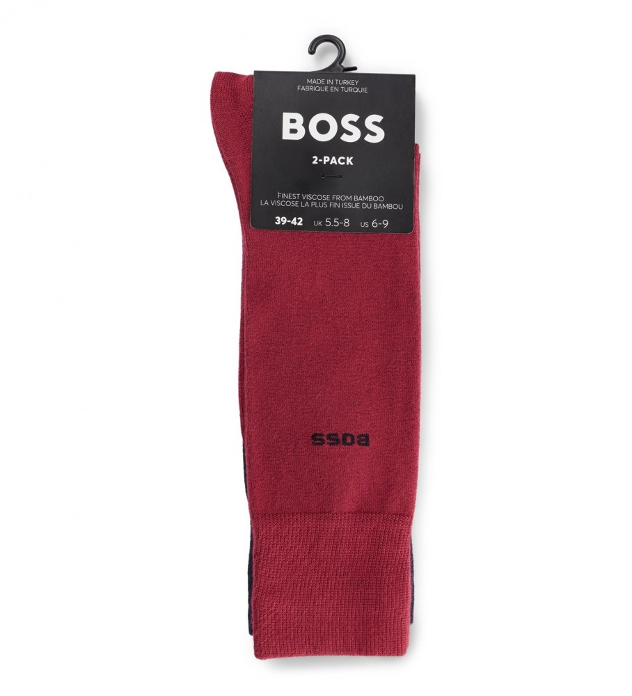 Pacote com 2 pares de meias de bambu BOSS, vermelhas e azul-marinho.