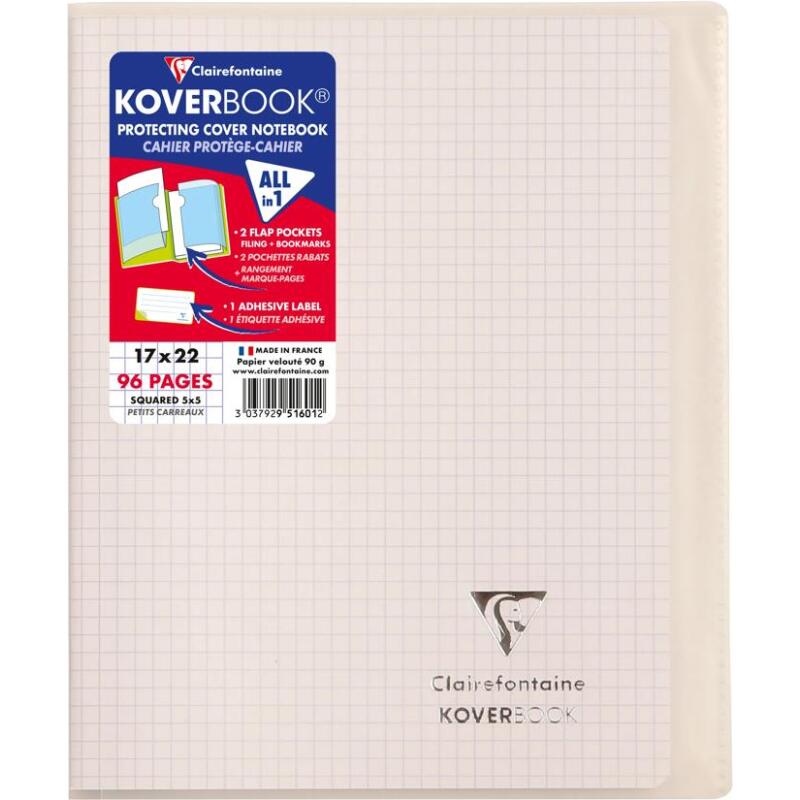 Cahier piqué Koverbook 17x22 cm 96 pages petits carreaux couverture polypropylène 100% recyclé