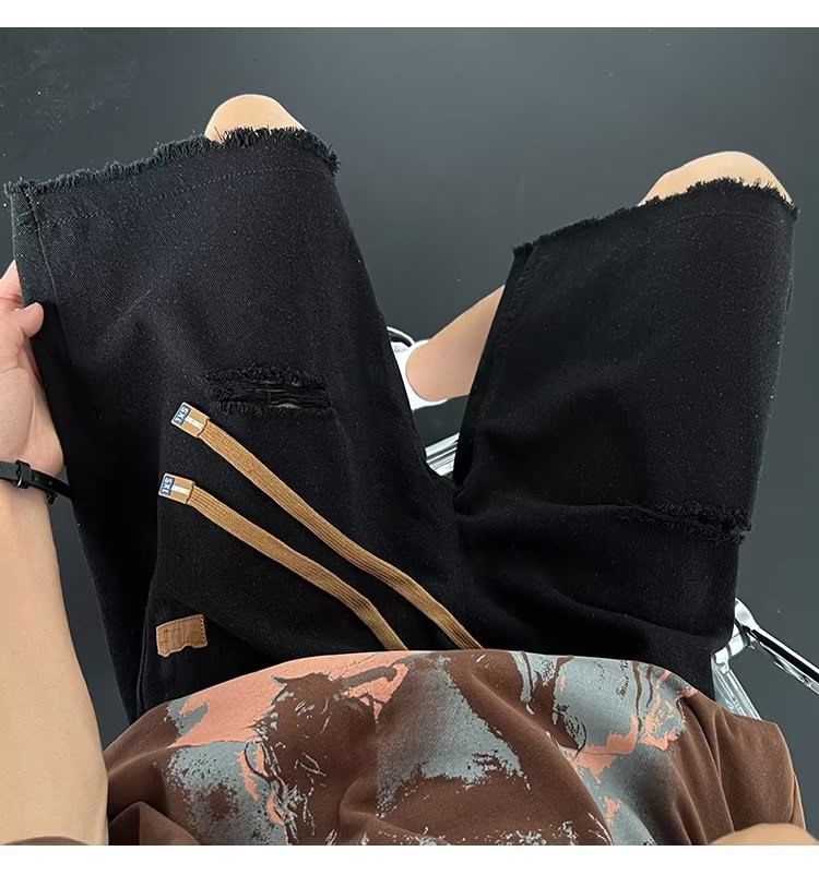 Femilina - Mid Rise Washed Distressed Denim Shorts