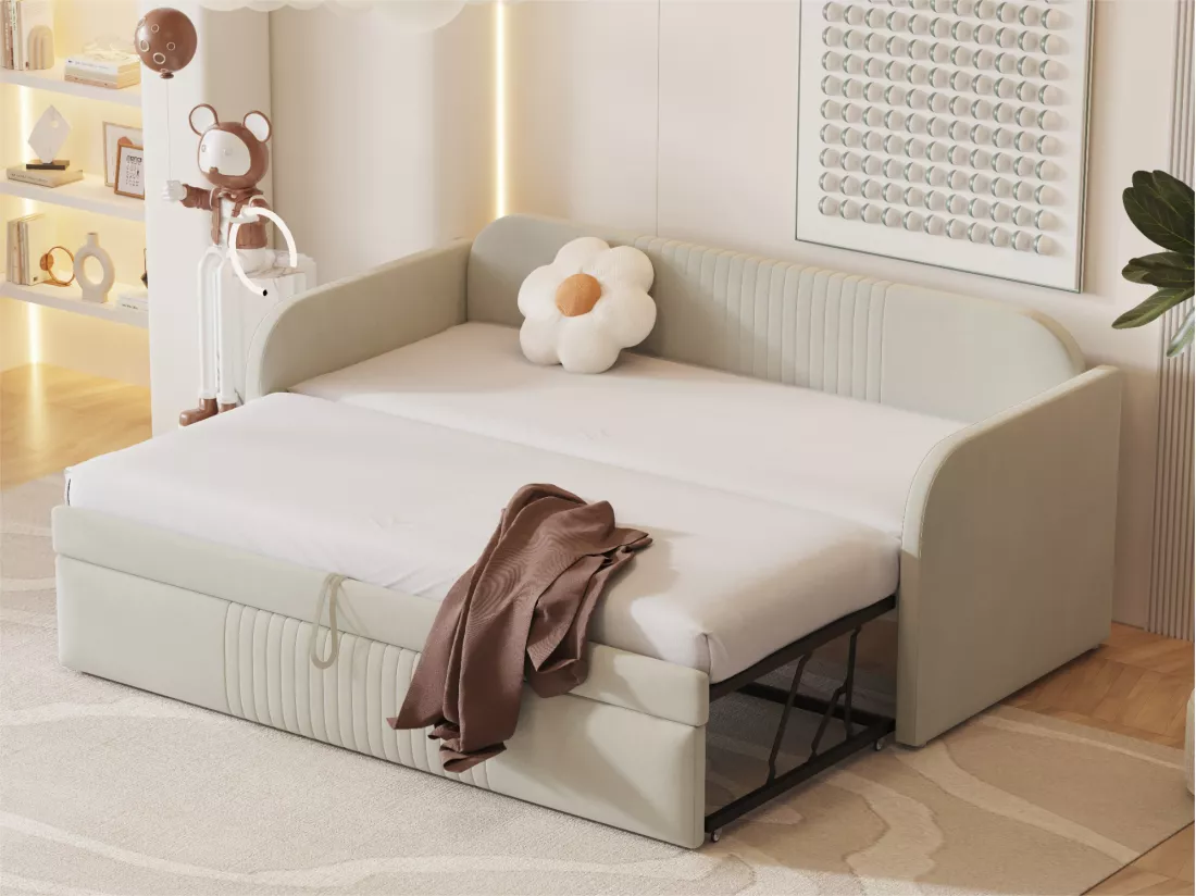 Lit gigogne 90/180x190 cm - lit canapé en tissu lin - avec sommier à lattes - Beige