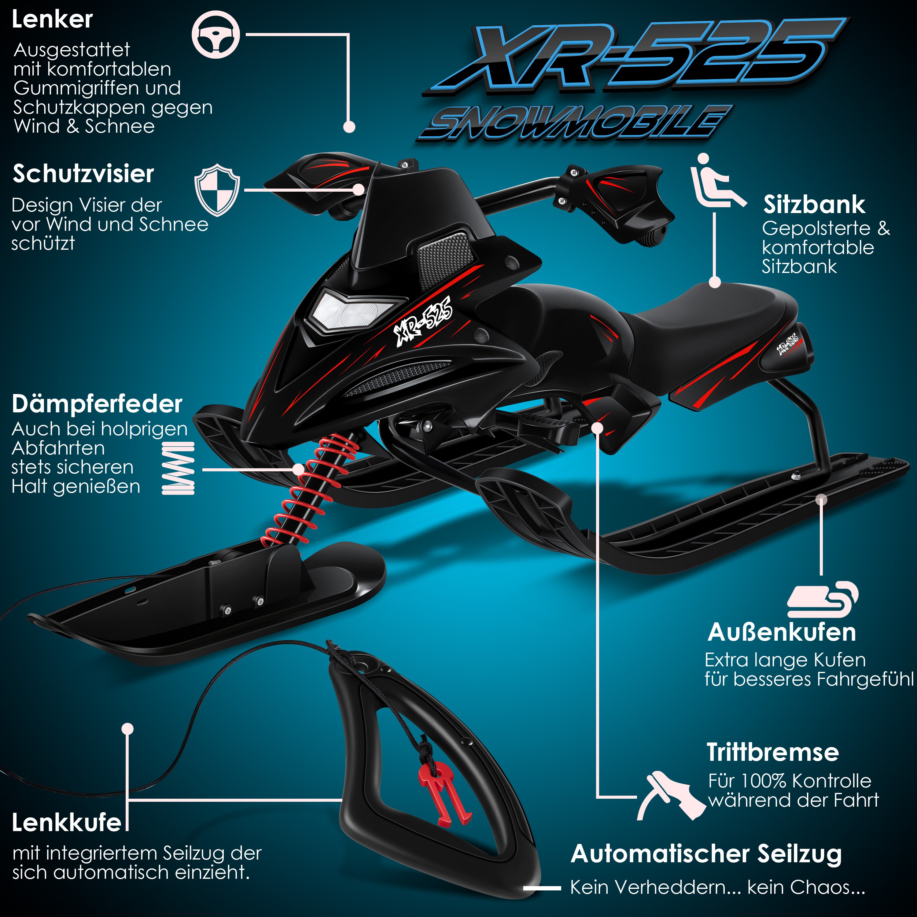 KESSER® Lenkschlitten mit 2 Fußbremsen | Automatisches Zugseil | Federung | Kufenlenkung | Bob Kinderschlitten Rodel Schlitten | Skiboblenkschlitten |