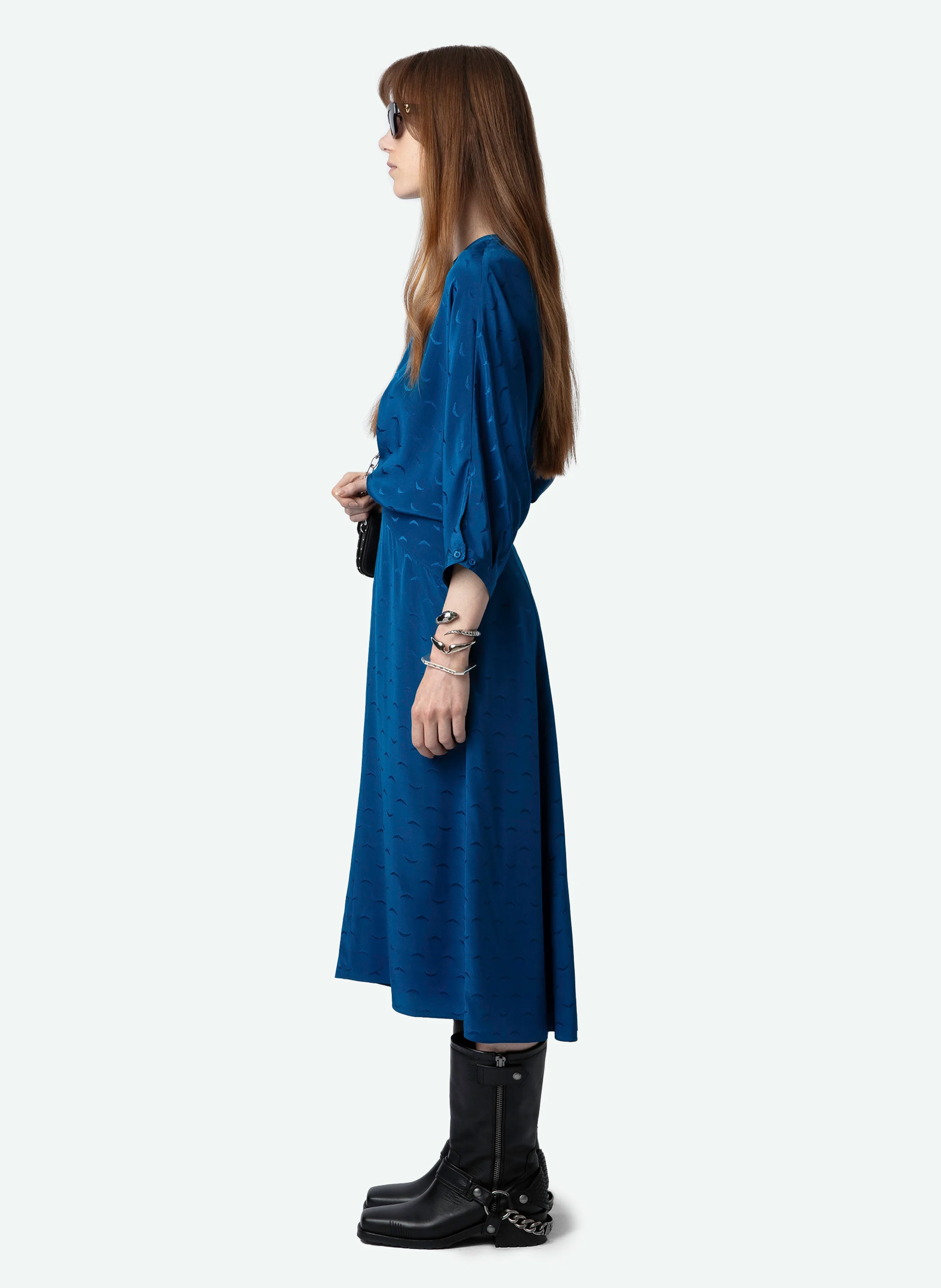 RITANY - Robe midi col rond en soie | Bleu