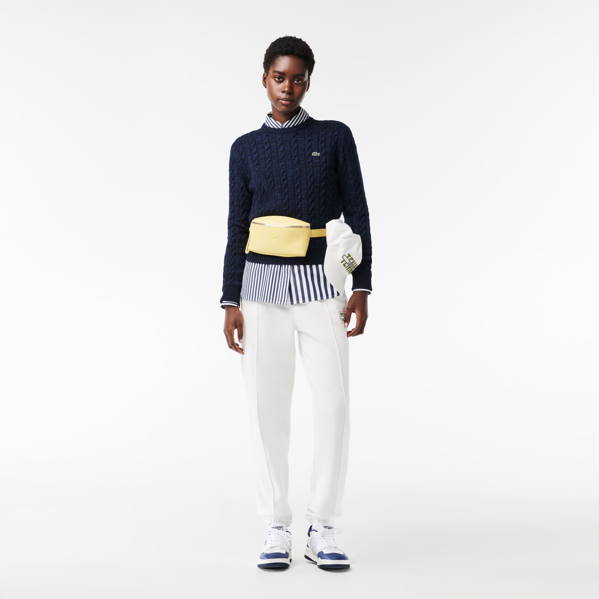 Pull à torsades moulinées en laine et coton Pullovers - Bleu - Lacoste - Femme
