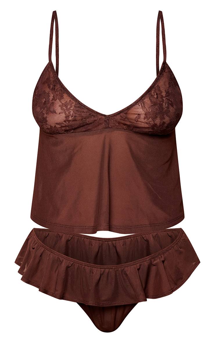 Chocolat Nuisette Fluide À Buste En Dentelle Et Short À Volants