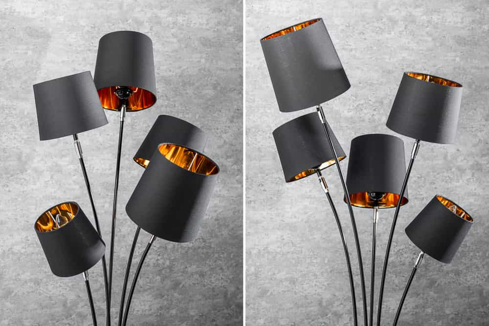 Design Stehlampe LEVELS 176cm mit 5 Leinenschirmen schwarz gold Stehleuchte