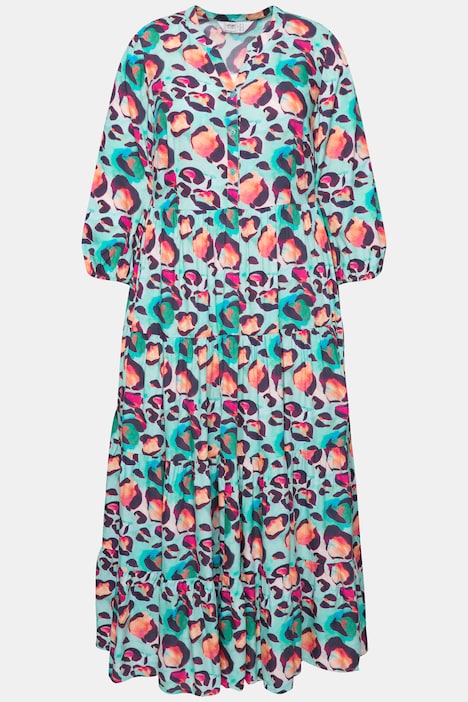 Maxikleid, Leo Muster, Knopfleiste, Volants, 3/4-Ärmel
