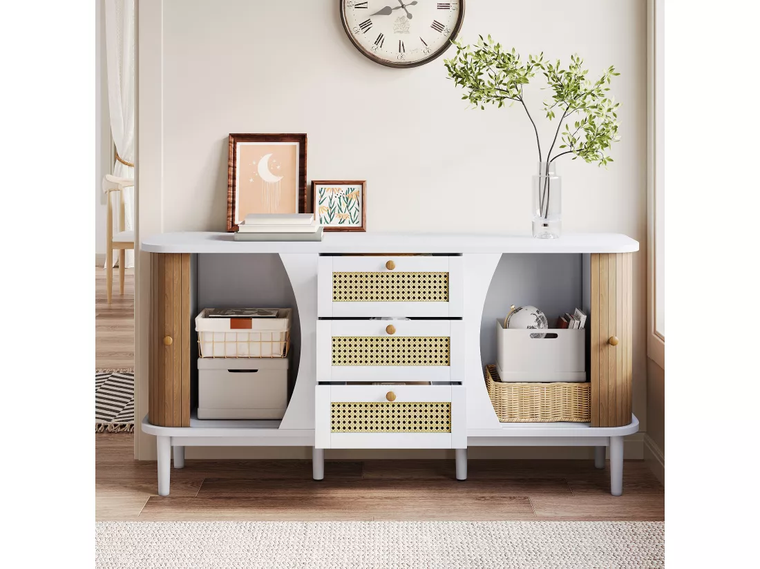 Buffet bas avec 2 portes coulissantes et 3 tiroirs en rotin, commode - 140.5 x 40 x 76 - Panneaux de particules - Blanc et naturel