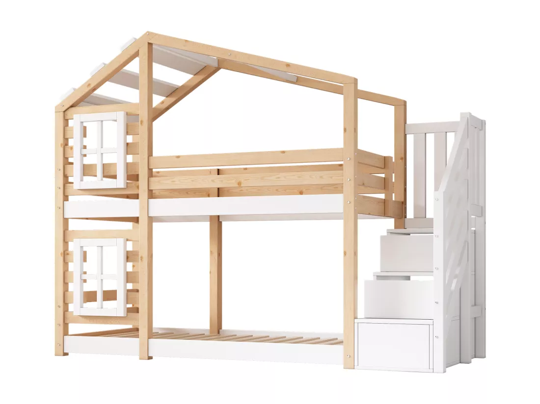 Lit superposé 90x200cm en bois massif - avec barrières anti-chutes et escalier de rangement - Naturel & Blanc