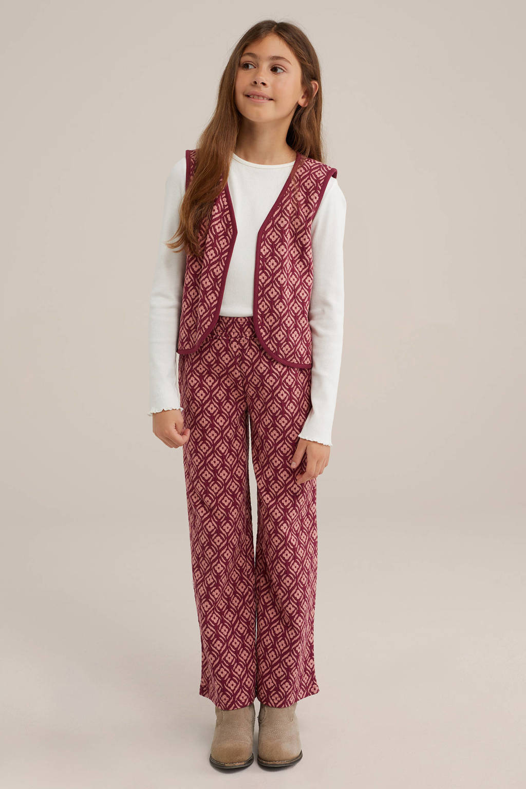 WE Fashion gilet met all over print donkerrood/lichtroze